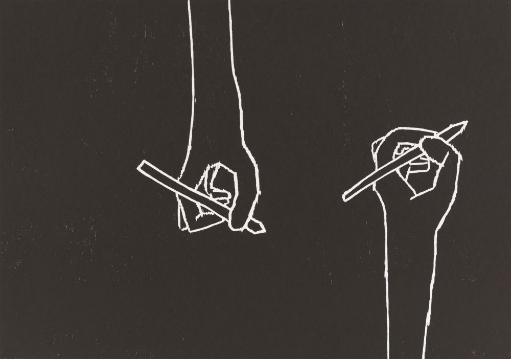 DAVID SHRIGLEY, UNTITLED (HANDS WRITING), 2008. WOODCUT PRINT. COLLECTION OF THE MUSEUM OF MODERN ART, NEW YORK.